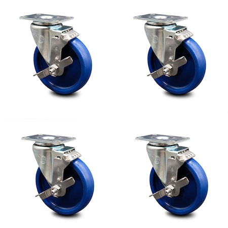 Solid Polyurethane Swivel Top Plate Caster Set of 4 w/5" x 1.25" Blue Wheels - Includes 4 Swivel with Top Lock Brakes - 1200 lbs Total Capacity - Service Caster Brand